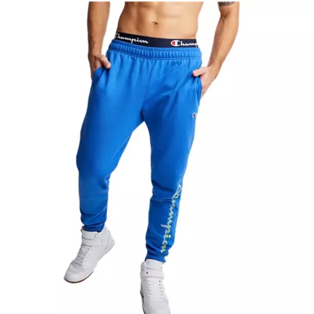 Men's Authentic Champion Powerblend Vertical Graphic Joggers (Blue)